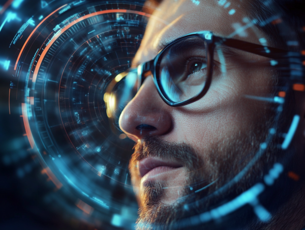 Bearded man with modern clock overlaid