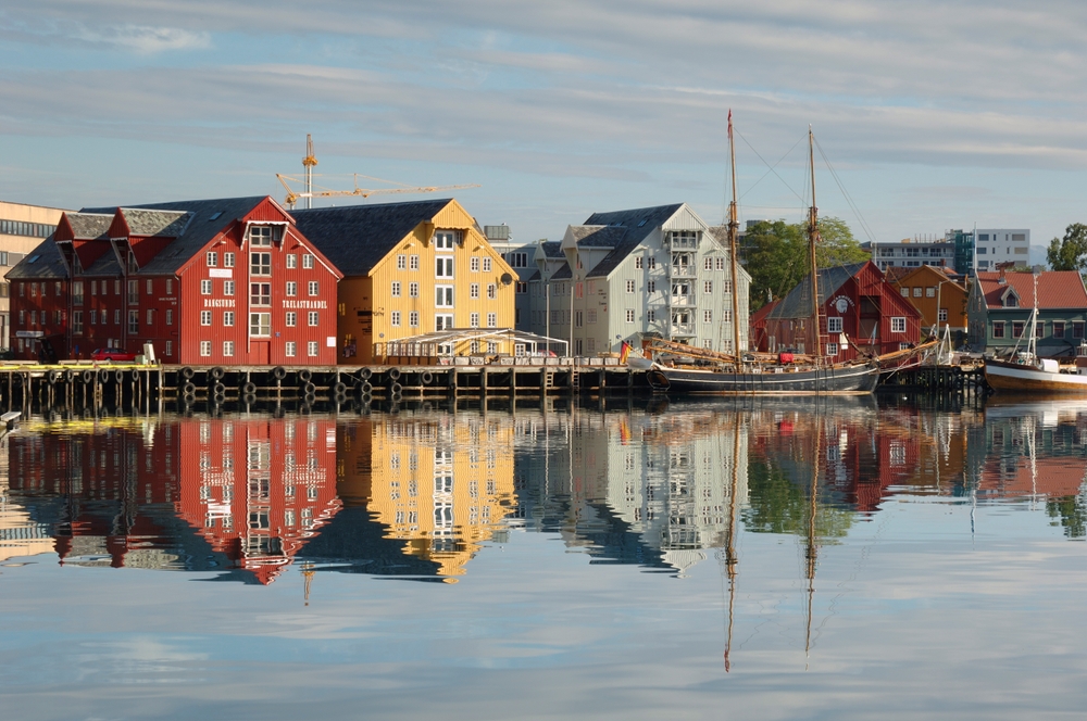 Historic warehouses in Norway reflections on the water