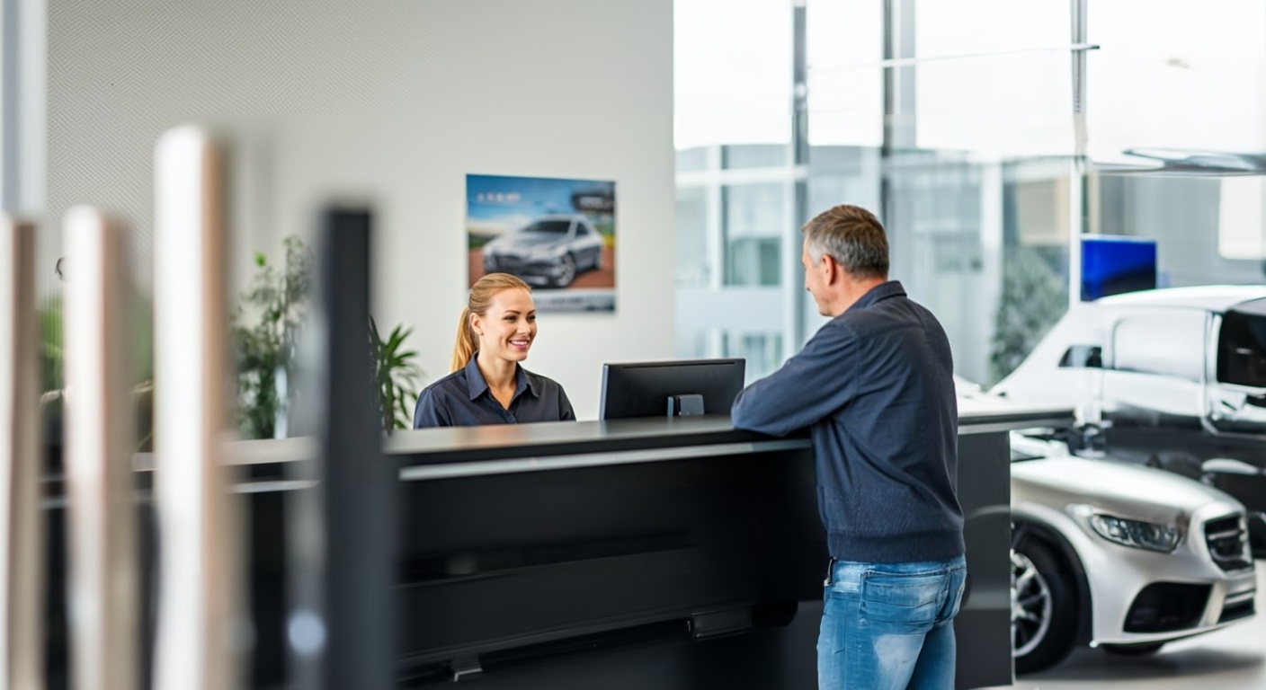 Car dealership reception where staff customer relations are crucial.