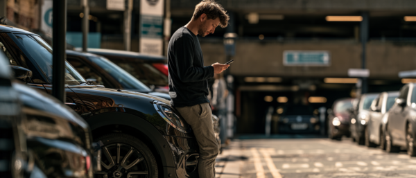 Male driver using a parking app to park his car. Image generated in Midjourney